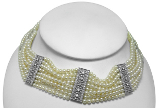 18kt white gold 8-strand 4mm pearl and diamond choker 14.5"