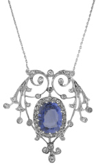 18kt white gold sapphire and diamond antique style pendant with chain