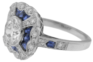 Platinum antique style diamond and sapphire ring