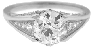 Platinum antique style ring with mine cut diamond 1.17cts J-K I1