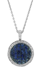 18kt white gold invisible set sapphire and diamond pendant with chain