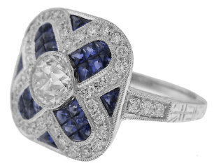 Platinum diamond and sapphire ring with Old European cut .63ct H SI1 EGLUS