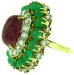 18kt yellow and white gold cabochon ruby, cabochon emerald, and diamond ring