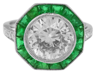 Platinum emerald and diamond ring with round diamond 2.17cts O-P VS1 EGL