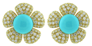 18kt yellow gold turquoise and diamond flower design earrings