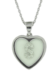 14kt white gold white MOP heart diamond "S" pendant with chain.