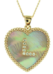 14kt rose gold pink MOP heart diamond "L" pendant with chain.