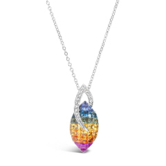 18kt white gold rainbow sapphire and diamond pendant with chain.