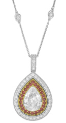18kt white gold/rose gold pink sapphire and diamond pendant with chain.