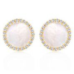14kt yellow gold round mother of pearl and diamond earrings.