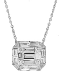 18kt white gold round and baguette diamond pendant with 16" chain.