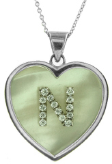 14kt white gold white MOP heart diamond "N" pendant with chain.