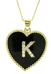 14kt yellow gold black onyx heart diamond "K" pendant with chain.