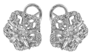 18kt white gold round and baguette diamond pentagon earrings.