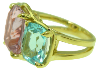 18kt yellow gold morganite and blue topaz ring