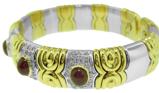 18kt yellow and white gold cabochon ruby and diamond bangle bracelet