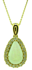 18kt yellow gold pear shape opal and diamond pendant with chain