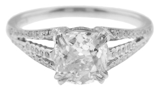 Platinum antique design engagement ring with Old Mine Cut diamond 1.17cts J-K SI2