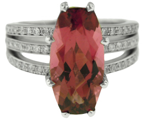 14kt white gold pink tourmaline and diamond ring with platinum head.
