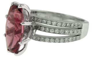 14kt white gold pink tourmaline and diamond ring with platinum head.