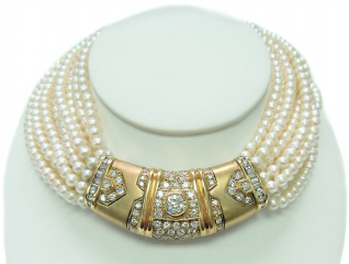 14kt yg 24 Strand pearl and diamond necklace