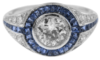 Platinum antique style ring with Old European Cut diamond .77ct J-K SI1, sapphires and diamonds