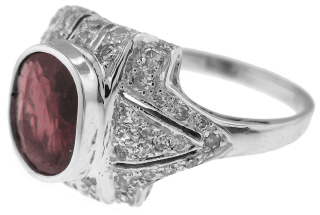 18kt white gold antique style ruby and diamond ring