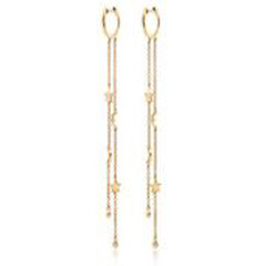 14kt yellow gold hoop earrings with moon and star dangles.