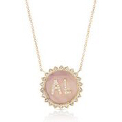 14kt yellow gold pink rainbow MOP diamond sunburst pendant "AL" with chain.