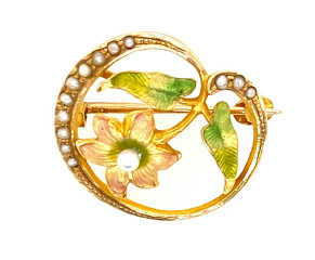 14kt yellow gold pearl and enamel flower pin