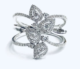 14kt white gold 3-row design diamond ring.