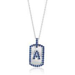 14kt white gold sapphire "A" initial dog tag pendant with chain.