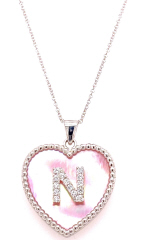14kt white gold pink rainbow MOP large size diamond "N" pendant with beaded edge.