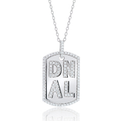 14kt white gold all diamond dog tag pendant with chain. "DNAL"