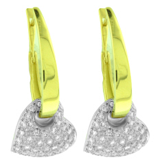 14kt yellow gold huggie/hoop earrings with detachable 14kt white gold pave set diamond heart shape dangles