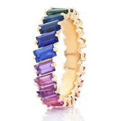 18kt yellow gold multi-color baguette sapphire eternity band.