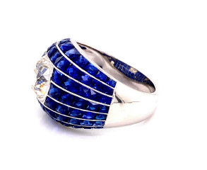 Platinum ring with Old Mine Cut diamond 2.04cts J-K SI3 EGL and French cut sapphires