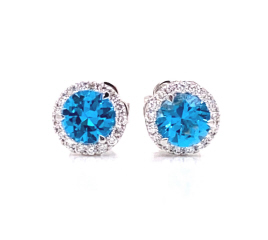 18kt white gold london blue topaz martini diamond halo earrings