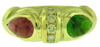 14kt yellow gold cabochon pink and green tourmaline and diamond ring