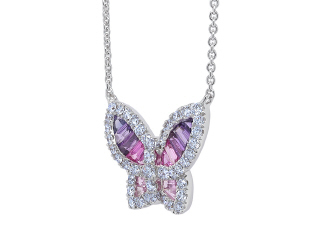 18kt white gold ombre purple/pink sapphire and diamond butterfly pendant with chain.