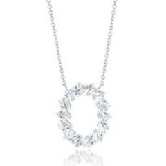 14kt white gold round and baguette open oval pendant with chain