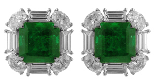 18kt white gold square emerald, oval and baguette diamond earrings