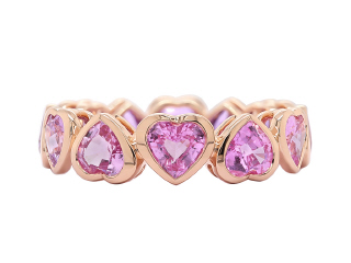 18kt rose gold pink/purple sapphire bezel set heart shape eternity band.