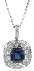 14kt white gold cushion sapphire and diamond pendant with chain