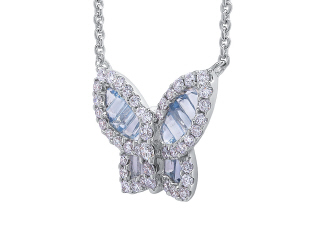 18kt white gold aqua and diamond butterfly pendant with chain.