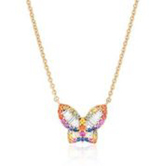 18kt yellow gold petite diamond and rainbow sapphire butterfly pendant with chain.