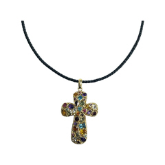 14kt yellow gold multi-color stone cross pendant with black cord