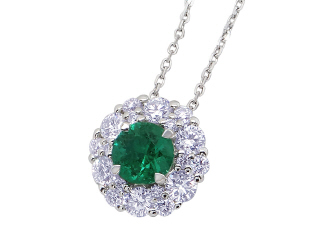 18kt white gold emerald and diamond halo pendant with chain