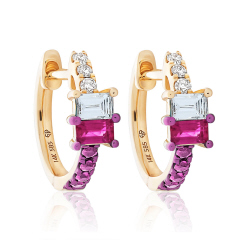 14kt yellow gold diamond and ruby small hoop earrings with pink rhodium.