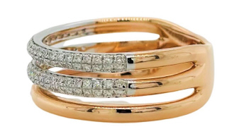 14kt rose gold 3-row band with pave diamonds.